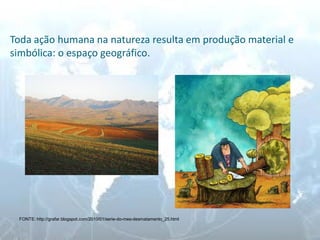Toda ação humana na natureza resulta em produção material e simbólica: o espaço geográfico. 
FONTE: http://grafar.blogspot.com/2010/01/serie-do-mes-desmatamento_25.html 
 