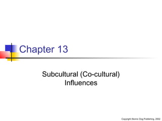 Chapter 13

    Subcultural (Co-cultural)
          Influences



                                Copyright Atomic Dog Publishing, 2002
 