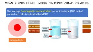 MEAN CORPUSCULAR HEMOGLOBIN CONCENTRATION (MCHC)
The average haemoglobin concentration per unit volume (100 mL) of
packed red cells is indicated by MCHC
MCHC is expressed in grams of haemoglobin per decilitre of packed RBCs
MCHC = hemoglobin (g/dl)/Hct (L/L)
Normal value :32-36 g/dl .wont exceed >37
Spherocytosis
 