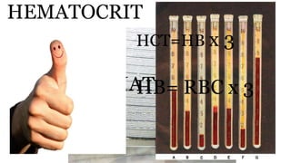 HEMATOCRIT
HEMATOCRIT
Normal Range:
Males: 42-50
Females: 36-46
HCT=HB x 3
HB= RBC x 3
 