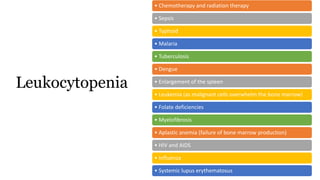 Leukocytopenia
• Chemotherapy and radiation therapy
• Sepsis
• Typhoid
• Malaria
• Tuberculosis
• Dengue
• Enlargement of the spleen
• Leukemia (as malignant cells overwhelm the bone marrow)
• Folate deficiencies
• Myelofibrosis
• Aplastic anemia (failure of bone marrow production)
• HIV and AIDS
• Influenza
• Systemic lupus erythematosus
 