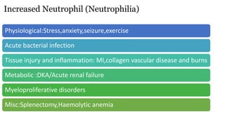 Increased Neutrophil (Neutrophilia)
Physiological:Stress,anxiety,seizure,exercise
Acute bacterial infection
Tissue injury and inflammation: MI,collagen vascular disease and burns
Metabolic :DKA/Acute renal failure
Myeloproliferative disorders
Misc:Splenectomy,Haemolytic anemia
 