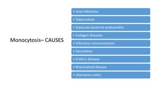 • Viral infections
• Tuberculosis
• Subacute bacterial endocarditis
• Collagen diseases
• Infectious mononucleosis
• Sarcoidosis
• Crohn’s disease
• Rheumatoid disease
• Ulcerative colitis.
Monocytosis– CAUSES
 