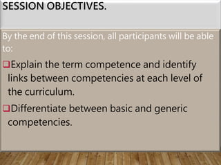SESSION OBJECTIVES.
By the end of this session, all participants will be able
to:
Explain the term competence and identify
links between competencies at each level of
the curriculum.
Differentiate between basic and generic
competencies.
 