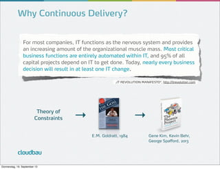 Why Continuous Delivery?
For most companies, IT functions as the nervous system and provides
an increasing amount of the organizational muscle mass. Most critical
business functions are entirely automated within IT, and 95% of all
capital projects depend on IT to get done. Today, nearly every business
decision will result in at least one IT change.
„IT REVOLUTION MANIFESTO“, http://itrevolution.com

Theory of
Constraints

→

→
E.M. Goldratt, 1984

cloudbau
Donnerstag, 19. September 13

Gene Kim, Kevin Behr,
George Spafford, 2013

 