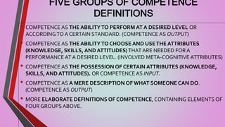 FIVE GROUPS OF COMPETENCE
DEFINITIONS
• COMPETENCE AS THE ABILITYTO PERFORM AT A DESIRED LEVEL OR
ACCORDINGTO A CERTAIN STANDARD. (COMPETENCE AS OUTPUT)
• COMPETENCE AS THE ABILITYTO CHOOSE AND USETHE ATTRIBUTES
(KNOWLEDGE, SKILLS, AND ATTITUDES)THAT ARE NEEDED FOR A
PERFORMANCE AT A DESIRED LEVEL. (INVOLVED META-COGNITIVE ATTRIBUTES)
• COMPETENCE AS THE POSSESSION OF CERTAIN ATTRIBUTES (KNOWLEDGE,
SKILLS, AND ATTITUDES). OR COMPETENCE AS INPUT.
• COMPETENCE AS A MERE DESCRIPTION OF WHAT SOMEONE CAN DO.
(COMPETENCE AS OUTPUT)
• MORE ELABORATE DEFINITIONS OF COMPETENCE, CONTAINING ELEMENTS OF
FOUR GROUPS ABOVE.
 
