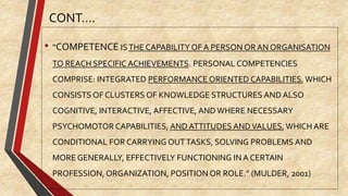 CONT….
• “COMPETENCE ISTHE CAPABILITY OF A PERSON OR AN ORGANISATION
TO REACH SPECIFIC ACHIEVEMENTS. PERSONAL COMPETENCIES
COMPRISE: INTEGRATED PERFORMANCE ORIENTED CAPABILITIES, WHICH
CONSISTS OF CLUSTERS OF KNOWLEDGE STRUCTURES AND ALSO
COGNITIVE, INTERACTIVE, AFFECTIVE, ANDWHERE NECESSARY
PSYCHOMOTOR CAPABILITIES, AND ATTITUDES ANDVALUES, WHICH ARE
CONDITIONAL FOR CARRYING OUTTASKS, SOLVING PROBLEMS AND
MORE GENERALLY, EFFECTIVELY FUNCTIONING IN A CERTAIN
PROFESSION, ORGANIZATION, POSITION OR ROLE.” (MULDER, 2001)
 