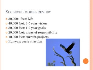 SIX LEVEL MODEL REVIEW
 50,000+ feet: Life
 40,000 feet: 3-5 year vision

 30,000 feet: 1-2 year goals

 20,000 feet: areas of responsibility

 10,000 feet: current projects

 Runway: current action
 