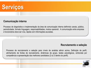 Serviços

Comunicação interna
Processo de diagnóstico e implementação da área de comunicação interna definindo canais, público,
periodicidade, formato linguagem, responsabilidades, modus operandi. A comunicação entre empresa
e funcionários deve ser viva, rápida com informações acuradas.




                                                                    Recrutamento e seleção
   Processo de recrutamento e seleção para níveis de analista sênior acima. Definição de perfil,
   alinhamento de fontes de recrutamento, dinâmicas de grupo, testes psicológicos, entrevista por
   competência e apresentação dos melhores candidatos (2 ou 3 dentro do perfil).
 