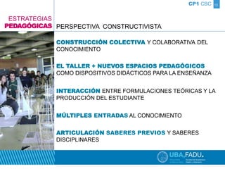 13 
ESTRATEGIAS 
PEDAGÓGICAS PERSPECTIVA CONSTRUCTIVISTA 
CP1 CBC 
CONSTRUCCIÓN COLECTIVA Y COLABORATIVA DEL 
CONOCIMIENTO 
EL TALLER + NUEVOS ESPACIOS PEDAGÓGICOS 
COMO DISPOSITIVOS DIDÁCTICOS PARA LA ENSEÑANZA 
INTERACCIÓN ENTRE FORMULACIONES TEÓRICAS Y LA 
PRODUCCIÓN DEL ESTUDIANTE 
MÚLTIPLES ENTRADAS AL CONOCIMIENTO 
ARTICULACIÓN SABERES PREVIOS Y SABERES 
DISCIPLINARES 
 