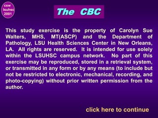 csw
lsuhsc
2001
This study exercise is the property of Carolyn Sue
Walters, MHS, MT(ASCP) and the Department of
Pathology, LSU Health Sciences Center in New Orleans,
LA. All rights are reserved. It is intended for use solely
within the LSUHSC campus network. No part of this
exercise may be reproduced, stored in a retrieval system,
or transmitted in any form or by any means (to include but
not be restricted to electronic, mechanical, recording, and
photo-copying) without prior written permission from the
author.
The CBC
click here to continue
 