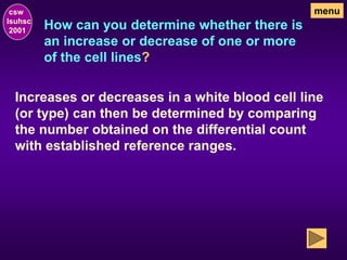 How can you determine whether there is
an increase or decrease of one or more
of the cell lines?
csw
lsuhsc
2001
menu
Increases or decreases in a white blood cell line
(or type) can then be determined by comparing
the number obtained on the differential count
with established reference ranges.
 