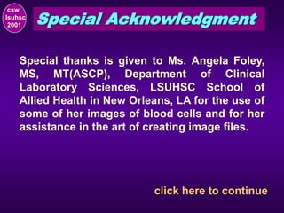 csw
lsuhsc
2001
Special thanks is given to Ms. Angela Foley,
MS, MT(ASCP), Department of Clinical
Laboratory Sciences, LSUHSC School of
Allied Health in New Orleans, LA for the use of
some of her images of blood cells and for her
assistance in the art of creating image files.
Special Acknowledgment
click here to continue
 
