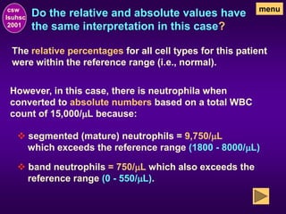 Do the relative and absolute values have
the same interpretation in this case?
csw
lsuhsc
2001
menu
The relative percentages for all cell types for this patient
were within the reference range (i.e., normal).
However, in this case, there is neutrophila when
converted to absolute numbers based on a total WBC
count of 15,000/mL because:
 segmented (mature) neutrophils = 9,750/mL
which exceeds the reference range (1800 - 8000/mL)
 band neutrophils = 750/mL which also exceeds the
reference range (0 - 550/mL).
 