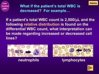 What if the patient’s total WBC is
decreased? For example…
csw
lsuhsc
2001
menu
If a patient’s total WBC count is 2,500/mL and the
following relative distribution is found on the
differential WBC count, what interpretation can
be made regarding increased or decreased cell
lines?
50%
neutrophils lymphocytes
50%
 