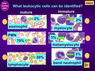 What leukocytic cells can be identified?
csw
lsuhsc
2001
menu
2%
20%
3%
2%
3%
eosinophil
metamyelocyte
70%
PMN
lymphocyte
myelocyte
band neutrophil
mature immature
 
