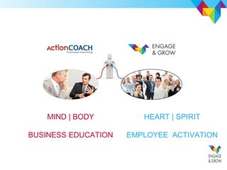 MIND | BODY
BUSINESS EDUCATION
HEART | SPIRIT
EMPLOYEE ACTIVATION
 