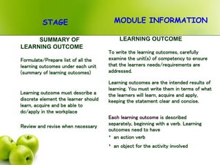 STAGE MODULE INFORMATION
SUMMARY OF
LEARNING OUTCOME
LEARNING OUTCOME
Formulate/Prepare list of all the
learning outcomes under each unit
(summary of learning outcomes)
Learning outcome must describe a
discrete element the learner should
learn, acquire and be able to
do/apply in the workplace
Review and revise when necessary
Learning outcomes are the intended results of
learning. You must write them in terms of what
the learners will learn, acquire and apply,
keeping the statement clear and concise.
To write the learning outcomes, carefully
examine the unit(s) of competency to ensure
that the learners needs/requirements are
addressed.
 an action verb
 an object for the activity involved
Each learning outcome is described
separately, beginning with a verb. Learning
outcomes need to have
 