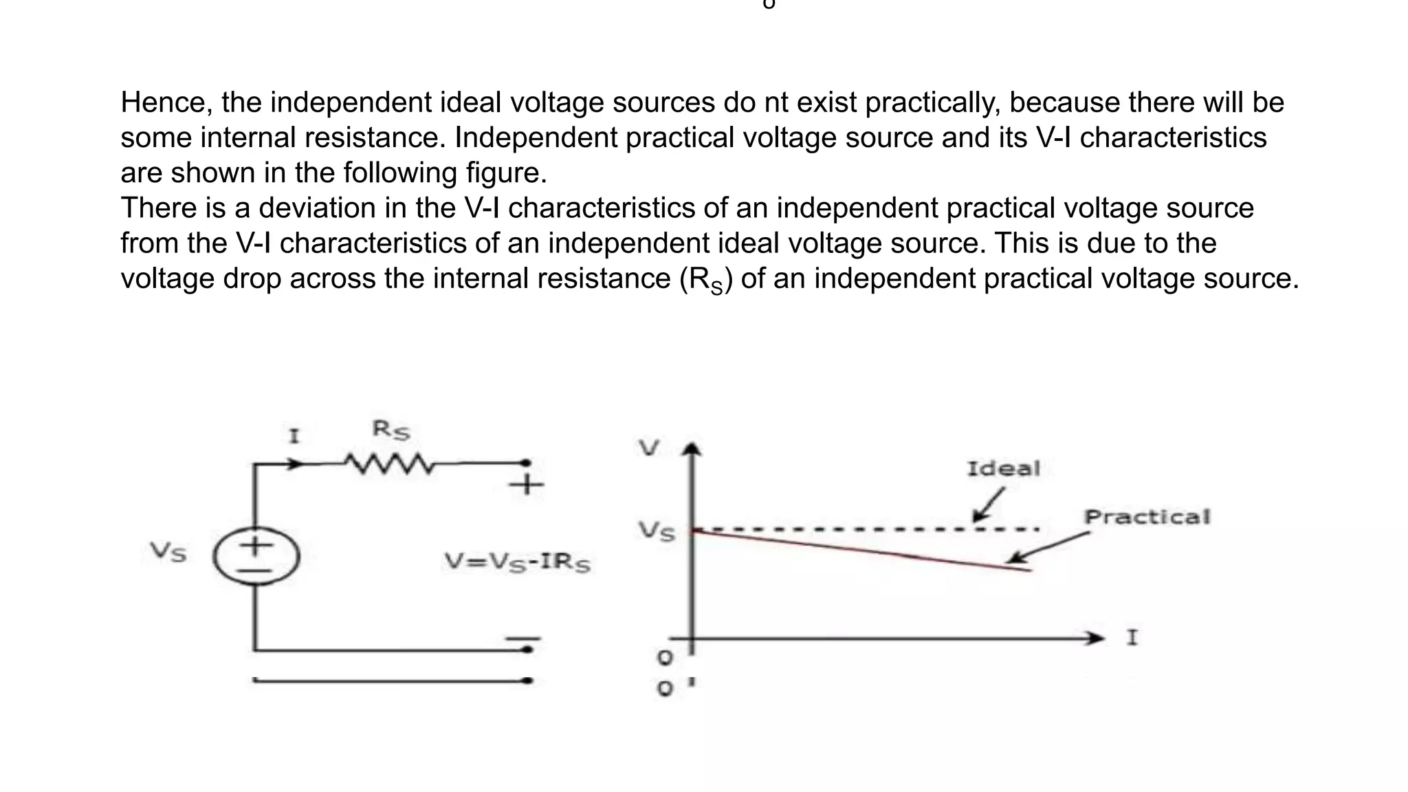 Hence, the independent ideal voltage sources do nt exist practically, because there will be
some internal resistance. Independent practical voltage source and its V-I characteristics
are shown in the following figure.
There is a deviation in the V-I characteristics of an independent practical voltage source
from the V-I characteristics of an independent ideal voltage source. This is due to the
voltage drop across the internal resistance (RS) of an independent practical voltage source.
o
 