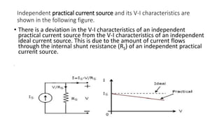 Independent practical current source and its V-I characteristics are
shown in the following figure.
• There is a deviation in the V-I characteristics of an independent
practical current source from the V-I characteristics of an independent
ideal current source. This is due to the amount of current flows
through the internal shunt resistance (RS) of an independent practical
current source.
•
 