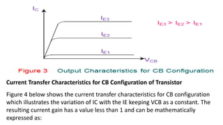 Current Transfer Characteristics for CB Configuration of Transistor
Figure 4 below shows the current transfer characteristics for CB configuration
which illustrates the variation of IC with the IE keeping VCB as a constant. The
resulting current gain has a value less than 1 and can be mathematically
expressed as:
 