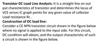 Transistor DC Load Line Analysis: It is a straight line on out
put charecteristics of transistor and determines the locus of
VCE verses IC graph points for any given value of collector
Load resistance Rc .
Construction of DC load line:
Consider a CE NPN transistor circuit shown in the figure below
where no signal is applied to the input side. For this circuit,
DC condition will obtain, and the output characteristic of such
a circuit is shown in the figure below.
 