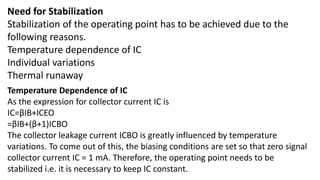 Need for Stabilization
Stabilization of the operating point has to be achieved due to the
following reasons.
Temperature dependence of IC
Individual variations
Thermal runaway
Temperature Dependence of IC
As the expression for collector current IC is
IC=βIB+ICEO
=βIB+(β+1)ICBO
The collector leakage current ICBO is greatly influenced by temperature
variations. To come out of this, the biasing conditions are set so that zero signal
collector current IC = 1 mA. Therefore, the operating point needs to be
stabilized i.e. it is necessary to keep IC constant.
 