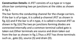 Construction Details: A JFET consists of a p-type or n-type
silicon bar containing two pn junctions at the sides as shown
in fig.1.
The bar forms the conducting channel for the charge carriers.
If the bar is of p-type, it is called p-channel JFET as shown in
fig.1(i) and if the bar is of n-type, it is called n-channel JFET as
shown in fig.1(ii).The two pn junctions forming diodes are
connected internally and a common terminal called gate is
taken out.Other terminals are source and drain taken out
from the bar as shown in fig.1.Thus a JFET has three terminals
such as , gate (G), source (S) and drain (D).
 