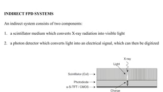 INDIRECT FPD SYSTEMS
An indirect system consists of two components:
1. a scintillator medium which converts X-ray radiation into visible light
2. a photon detector which converts light into an electrical signal, which can then be digitized
 