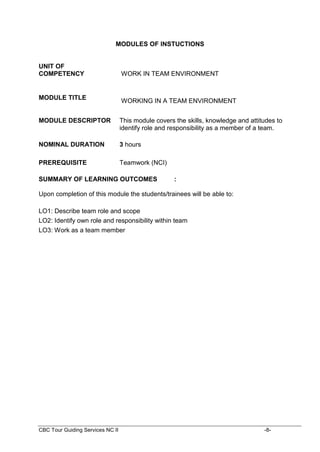 CBC Tour Guiding Services NC II -8-
MODULES OF INSTUCTIONS
UNIT OF
COMPETENCY WORK IN TEAM ENVIRONMENT
MODULE TITLE
WORKING IN A TEAM ENVIRONMENT
MODULE DESCRIPTOR This module covers the skills, knowledge and attitudes to
identify role and responsibility as a member of a team.
NOMINAL DURATION 3 hours
PREREQUISITE Teamwork (NCI)
SUMMARY OF LEARNING OUTCOMES :
Upon completion of this module the students/trainees will be able to:
LO1: Describe team role and scope
LO2: Identify own role and responsibility within team
LO3: Work as a team member
 