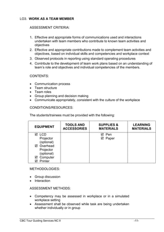 CBC Tour Guiding Services NC II -11-
LO3. WORK AS A TEAM MEMBER
ASSESSMENT CRITERIA:
1. Effective and appropriate forms of communications used and interactions
undertaken with team members who contribute to known team activities and
objectives
2. Effective and appropriate contributions made to complement team activities and
objectives, based on individual skills and competencies and workplace context
3. Observed protocols in reporting using standard operating procedures
4. Contribute to the development of team work plans based on an understanding of
team’s role and objectives and individual competencies of the members.
CONTENTS:
 Communication process
 Team structure
 Team roles
 Group planning and decision making
 Communicate appropriately, consistent with the culture of the workplace
CONDITIONS/RESOURCES:
The students/trainees must be provided with the following:
EQUIPMENT
TOOLS AND
ACCESSORIES
SUPPLIES &
MATERIALS
LEARNING
MATERIALS
 LCD
Projector
(optional)
 Overhead
Projector
(optional)
 Computer
 Printer
 Pen
 Paper
METHODOLOGIES:
 Group discussion
 Interaction
ASSESSMENT METHODS:
 Competency may be assessed in workplace or in a simulated
workplace setting
 Assessment shall be observed while task are being undertaken
whether individually or in group
 