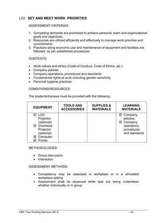 CBC Tour Guiding Services NC II -14-
LO2. SET AND MEET WORK PRIORITIES
ASSESSMENT CRITERIAS
1. Competing demands are prioritized to achieve personal, team and organizational
goals and objectives.
2. Resources are utilized efficiently and effectively to manage work priorities and
commitments
3. Practices along economic use and maintenance of equipment and facilities are
followed as per established procedures
CONTENTS:
 Work values and ethics (Code of Conduct, Code of Ethics, etc.)
 Company policies
 Company operations, procedures and standards
 Fundamental rights at work including gender sensitivity
 Personal hygiene practices
CONDITIONS/RESOURCES:
The students/trainees must be provided with the following:
EQUIPMENT
TOOLS AND
ACCESSORIES
SUPPLIES &
MATERIALS
LEARNING
MATERIALS
 LCD
Projector
(optional)
 Overhead
Projector
(optional)
 Computer
 Printer
 Company
policies
 Company
operations,
procedures
and standards
METHODOLOGIES:
 Group discussion
 Interaction
ASSESSMENT METHODS:
 Competency may be assessed in workplace or in a simulated
workplace setting
 Assessment shall be observed while task are being undertaken
whether individually or in group
 