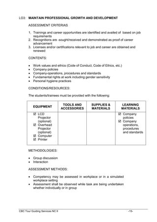 CBC Tour Guiding Services NC II -15-
LO3: MAINTAIN PROFESSIONAL GROWTH AND DEVELOPMENT
ASSESSMENT CRITERIAS
1. Trainings and career opportunities are identified and availed of based on job
requirements
2. Recognitions are sought/received and demonstrated as proof of career
advancement
3. Licenses and/or certifications relevant to job and career are obtained and
renewed
CONTENTS:
 Work values and ethics (Code of Conduct, Code of Ethics, etc.)
 Company policies
 Company operations, procedures and standards
 Fundamental rights at work including gender sensitivity
 Personal hygiene practices
CONDITIONS/RESOURCES:
The students/trainees must be provided with the following:
EQUIPMENT
TOOLS AND
ACCESSORIES
SUPPLIES &
MATERIALS
LEARNING
MATERIALS
 LCD
Projector
(optional)
 Overhead
Projector
(optional)
 Computer
 Printer
 Company
policies
 Company
operations,
procedures
and standards
METHODOLOGIES:
 Group discussion
 Interaction
ASSESSMENT METHODS:
 Competency may be assessed in workplace or in a simulated
workplace setting
 Assessment shall be observed while task are being undertaken
whether individually or in group
 