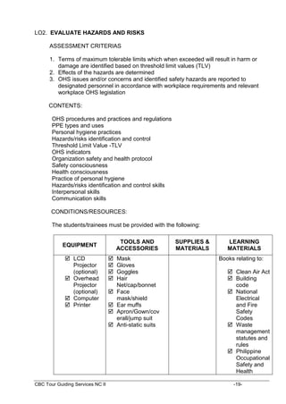 CBC Tour Guiding Services NC II -19-
LO2. EVALUATE HAZARDS AND RISKS
ASSESSMENT CRITERIAS
1. Terms of maximum tolerable limits which when exceeded will result in harm or
damage are identified based on threshold limit values (TLV)
2. Effects of the hazards are determined
3. OHS issues and/or concerns and identified safety hazards are reported to
designated personnel in accordance with workplace requirements and relevant
workplace OHS legislation
CONTENTS:
OHS procedures and practices and regulations
PPE types and uses
Personal hygiene practices
Hazards/risks identification and control
Threshold Limit Value -TLV
OHS indicators
Organization safety and health protocol
Safety consciousness
Health consciousness
Practice of personal hygiene
Hazards/risks identification and control skills
Interpersonal skills
Communication skills
CONDITIONS/RESOURCES:
The students/trainees must be provided with the following:
EQUIPMENT
TOOLS AND
ACCESSORIES
SUPPLIES &
MATERIALS
LEARNING
MATERIALS
 LCD
Projector
(optional)
 Overhead
Projector
(optional)
 Computer
 Printer
 Mask
 Gloves
 Goggles
 Hair
Net/cap/bonnet
 Face
mask/shield
 Ear muffs
 Apron/Gown/cov
erall/jump suit
 Anti-static suits
Books relating to:
 Clean Air Act
 Building
code
 National
Electrical
and Fire
Safety
Codes
 Waste
management
statutes and
rules
 Philippine
Occupational
Safety and
Health
 