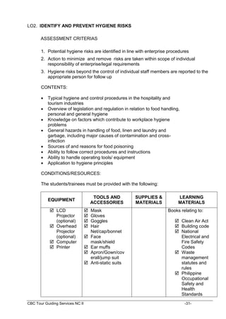 CBC Tour Guiding Services NC II -31-
LO2. IDENTIFY AND PREVENT HYGIENE RISKS
ASSESSMENT CRITERIAS
1. Potential hygiene risks are identified in line with enterprise procedures
2. Action to minimize and remove risks are taken within scope of individual
responsibility of enterprise/legal requirements
3. Hygiene risks beyond the control of individual staff members are reported to the
appropriate person for follow up
CONTENTS:
 Typical hygiene and control procedures in the hospitality and
tourism industries
 Overview of legislation and regulation in relation to food handling,
personal and general hygiene
 Knowledge on factors which contribute to workplace hygiene
problems
 General hazards in handling of food, linen and laundry and
garbage, including major causes of contamination and cross-
infection
 Sources of and reasons for food poisoning
 Ability to follow correct procedures and instructions
 Ability to handle operating tools/ equipment
 Application to hygiene principles
CONDITIONS/RESOURCES:
The students/trainees must be provided with the following:
EQUIPMENT
TOOLS AND
ACCESSORIES
SUPPLIES &
MATERIALS
LEARNING
MATERIALS
 LCD
Projector
(optional)
 Overhead
Projector
(optional)
 Computer
 Printer
 Mask
 Gloves
 Goggles
 Hair
Net/cap/bonnet
 Face
mask/shield
 Ear muffs
 Apron/Gown/cov
erall/jump suit
 Anti-static suits
Books relating to:
 Clean Air Act
 Building code
 National
Electrical and
Fire Safety
Codes
 Waste
management
statutes and
rules
 Philippine
Occupational
Safety and
Health
Standards
 