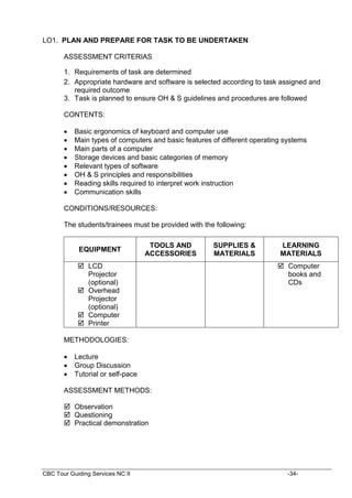 CBC Tour Guiding Services NC II -34-
LO1. PLAN AND PREPARE FOR TASK TO BE UNDERTAKEN
ASSESSMENT CRITERIAS
1. Requirements of task are determined
2. Appropriate hardware and software is selected according to task assigned and
required outcome
3. Task is planned to ensure OH & S guidelines and procedures are followed
CONTENTS:
 Basic ergonomics of keyboard and computer use
 Main types of computers and basic features of different operating systems
 Main parts of a computer
 Storage devices and basic categories of memory
 Relevant types of software
 OH & S principles and responsibilities
 Reading skills required to interpret work instruction
 Communication skills
CONDITIONS/RESOURCES:
The students/trainees must be provided with the following:
EQUIPMENT
TOOLS AND
ACCESSORIES
SUPPLIES &
MATERIALS
LEARNING
MATERIALS
 LCD
Projector
(optional)
 Overhead
Projector
(optional)
 Computer
 Printer
 Computer
books and
CDs
METHODOLOGIES:
 Lecture
 Group Discussion
 Tutorial or self-pace
ASSESSMENT METHODS:
 Observation
 Questioning
 Practical demonstration
 