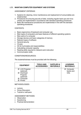 CBC Tour Guiding Services NC II -38-
LO5. MAINTAIN COMPUTER EQUIPMENT AND SYSTEMS
ASSESSMENT CRITERIAS
1. Systems for cleaning, minor maintenance and replacement of consumables are
implemented
2. Procedures for ensuring security of data, including regular back-ups and virus
checks are implemented in accordance with standard operating procedures
3. Basic file maintenance procedures are implemented in line with the standard
operating procedures
CONTENTS:
 Basic ergonomics of keyboard and computer use
 Main types of computers and basic features of different operating systems
 Main parts of a computer
 Storage devices and basic categories of memory
 Relevant types of software
 General security
 Viruses
 OH & S principles and responsibilities
 Calculating computer capacity
 Reading skills required to interpret work instruction
 Communication skills
CONDITIONS/RESOURCES:
The students/trainees must be provided with the following:
EQUIPMENT
TOOLS AND
ACCESSORIES
SUPPLIES &
MATERIALS
LEARNING
MATERIALS
 LCD Projector
(optional)
 Overhead
Projector
(optional)
 Computer
 Printer
 Computer
books and
CDs
METHODOLOGIES:
 Lecture
 Group Discussion
 Tutorial or self-pace
ASSESSMENT METHODS:
 Observation
 Questioning
 Practical demonstration
 