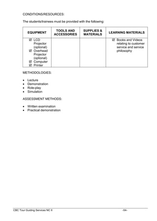CBC Tour Guiding Services NC II -54-
CONDITIONS/RESOURCES:
The students/trainees must be provided with the following:
EQUIPMENT
TOOLS AND
ACCESSORIES
SUPPLIES &
MATERIALS
LEARNING MATERIALS
 LCD
Projector
(optional)
 Overhead
Projector
(optional)
 Computer
 Printer
 Books and Videos
relating to customer
service and service
philosophy
METHODOLOGIES:
 Lecture
 Demonstration
 Role-play
 Simulation
ASSESSMENT METHODS:
 Written examination
 Practical demonstration
 