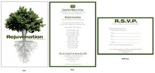 Rejuvenation
                                                                                                R.S.V.P.
                                                                                         Pretosius saburre vocificat quinquennalis.

                                                                                       Yes, I/We will attend the Event
                                                                                       Tuesday, May 19, 2009 6:00 p.m.

                                                                                       Name:


Rejuvenation                                                                           Phone:

             the future of organ transplantation…                                      Fax:

                                                                                       E-Mail:

                                                                                       No, Sorry I/We are unable to attend the Event.


                                                                                    For Any questions about the event. Please Contacted Satis Adfabilis.
                                                                                                      Perspicax@cedars-sinai.com
                                                                                                              1•000•0000
                                                    The SLSHotel At Beverly Hills
                                                                                                              RSVP Card




                                                                Back
     Front
 