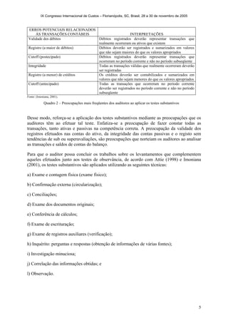 IX Congresso Internacional de Custos – Florianópolis, SC, Brasil, 28 a 30 de novembro de 2005
5
ERROS POTENCIAIS RELACIONADOS
ÀS TRANSAÇÕES CONTÁBEIS INTERPRETAÇÕES
Validade dos débitos Débitos registrados deverão representar transações que
realmente ocorreram ou ativos que existem
Registro (a maior de débitos) Débitos deverão ser registrados e sumarizados em valores
que não sejam maiores do que os valores apropriados
Cutoff (postecipado) Débitos registrados deverão representar transações que
ocorreram no período corrente e não no período subseqüente
Integridade Todas as transações válidas que realmente ocorreram deverão
ser registradas
Registro (a menor) de créditos Os créditos deverão ser contabilizados e sumarizados em
valores que não sejam menores do que os valores apropriados
Cutoff (antecipado) Todas as transações que ocorreram no período corrente
deverão ser registrados no período corrente e não no período
subseqüente
Fonte: (Imoniana, 2001).
Quadro 2 – Preocupações mais freqüentes dos auditores ao aplicar os testes substantivos
Desse modo, reforça-se a aplicação dos testes substantivos mediante as preocupações que os
auditores têm ao efetuar tal teste. Enfatiza-se a preocupação de fazer constar todas as
transações, tanto ativas e passivas na competência correta. A preocupação da validade dos
registros efetuados nas contas do ativo, da integridade das contas passivas e o registo sem
tendências de sub ou superavaliações, são preocupações que norteiam os auditores ao analisar
as transações e saldos de contas do balanço.
Para que o auditor possa concluir os trabalhos sobre os levantamentos que complementem
aqueles efetuados junto aos testes de observância, de acordo com Attie (1998) e Imoniana
(2001), os testes substantivos são aplicados utilizando as seguintes técnicas:
a) Exame e contagem física (exame físico);
b) Confirmação externa (circularização);
c) Conciliações;
d) Exame dos documentos originais;
e) Conferência de cálculos;
f) Exame de escrituração;
g) Exame de registros auxiliares (verificação);
h) Inquérito: perguntas e respostas (obtenção de informações de várias fontes);
i) Investigação minuciosa;
j) Correlação das informações obtidas; e
l) Observação.
 