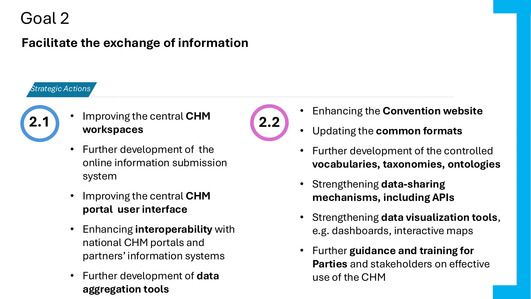 Goal 2
2.1 2.2
• Enhancing the Convention website
• Updating the common formats
• Further development of the controlled
vocabularies, taxonomies, ontologies
• Strengthening data-sharing
mechanisms, including APIs
• Strengthening data visualization tools,
e.g. dashboards, interactive maps
• Further guidance and training for
Parties and stakeholders on effective
use of the CHM
Strategic Actions
Facilitate the exchange of information
• Improving the central CHM
workspaces
• Further development of the
online information submission
system
• Improving the central CHM
portal user interface
• Enhancing interoperability with
national CHM portals and
partners’information systems
• Further development of data
aggregation tools
 