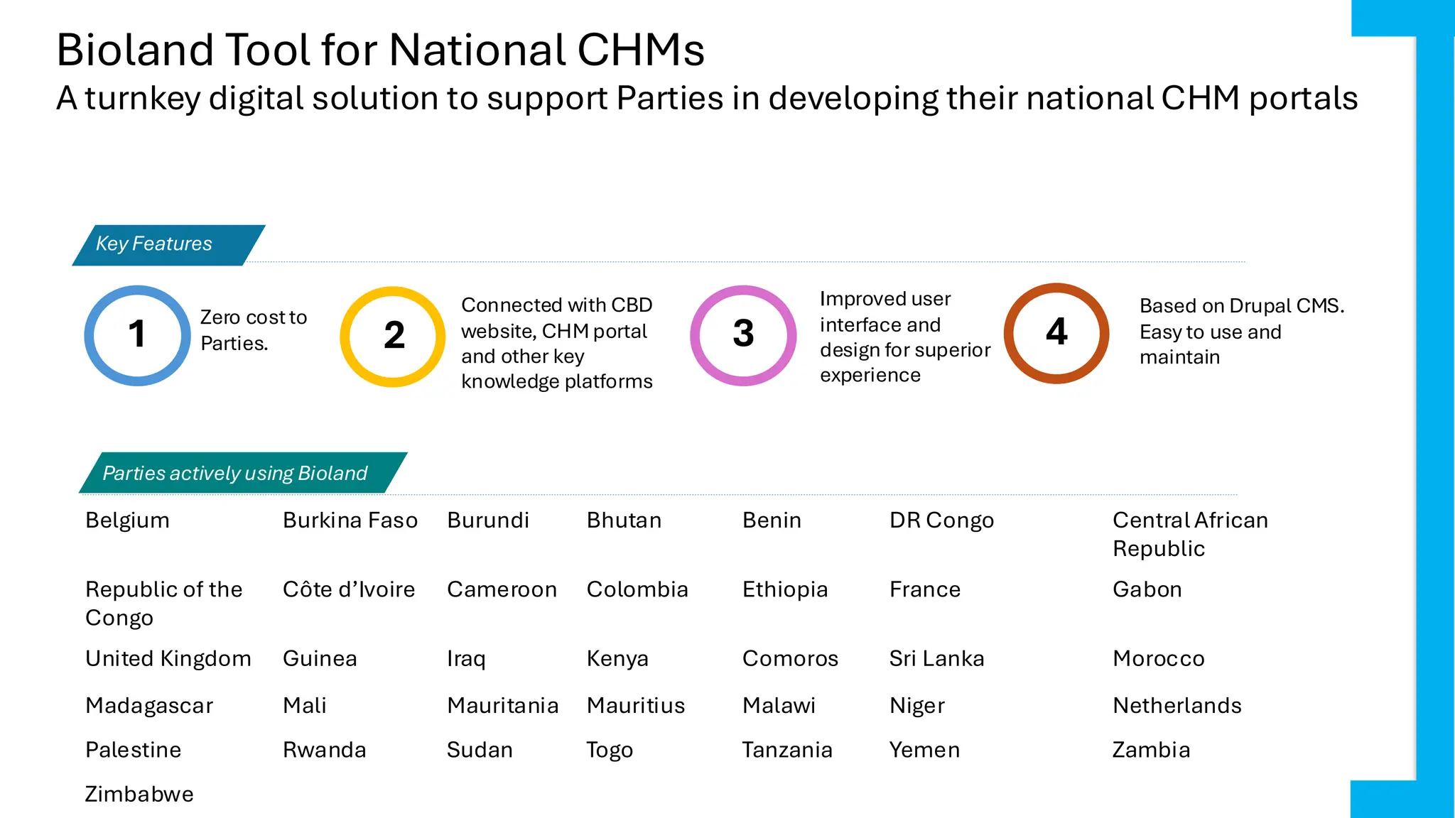 Bioland Tool for National CHMs
1
Zero costto
Parties. 2
Connected with CBD
website, CHM portal
and other key
knowledge platforms
3
Improved user
interface and
design for superior
experience
4
Based on Drupal CMS.
Easy to use and
maintain
Key Features
Partiesactively using Bioland
A turnkey digital solution to support Parties in developing their national CHM portals
Belgium Burkina Faso Burundi Bhutan Benin DR Congo Central African
Republic
Republic of the
Congo
Côte d’Ivoire Cameroon Colombia Ethiopia France Gabon
United Kingdom Guinea Iraq Kenya Comoros Sri Lanka Morocco
Madagascar Mali Mauritania Mauritius Malawi Niger Netherlands
Palestine Rwanda Sudan Togo Tanzania Yemen Zambia
Zimbabwe
 