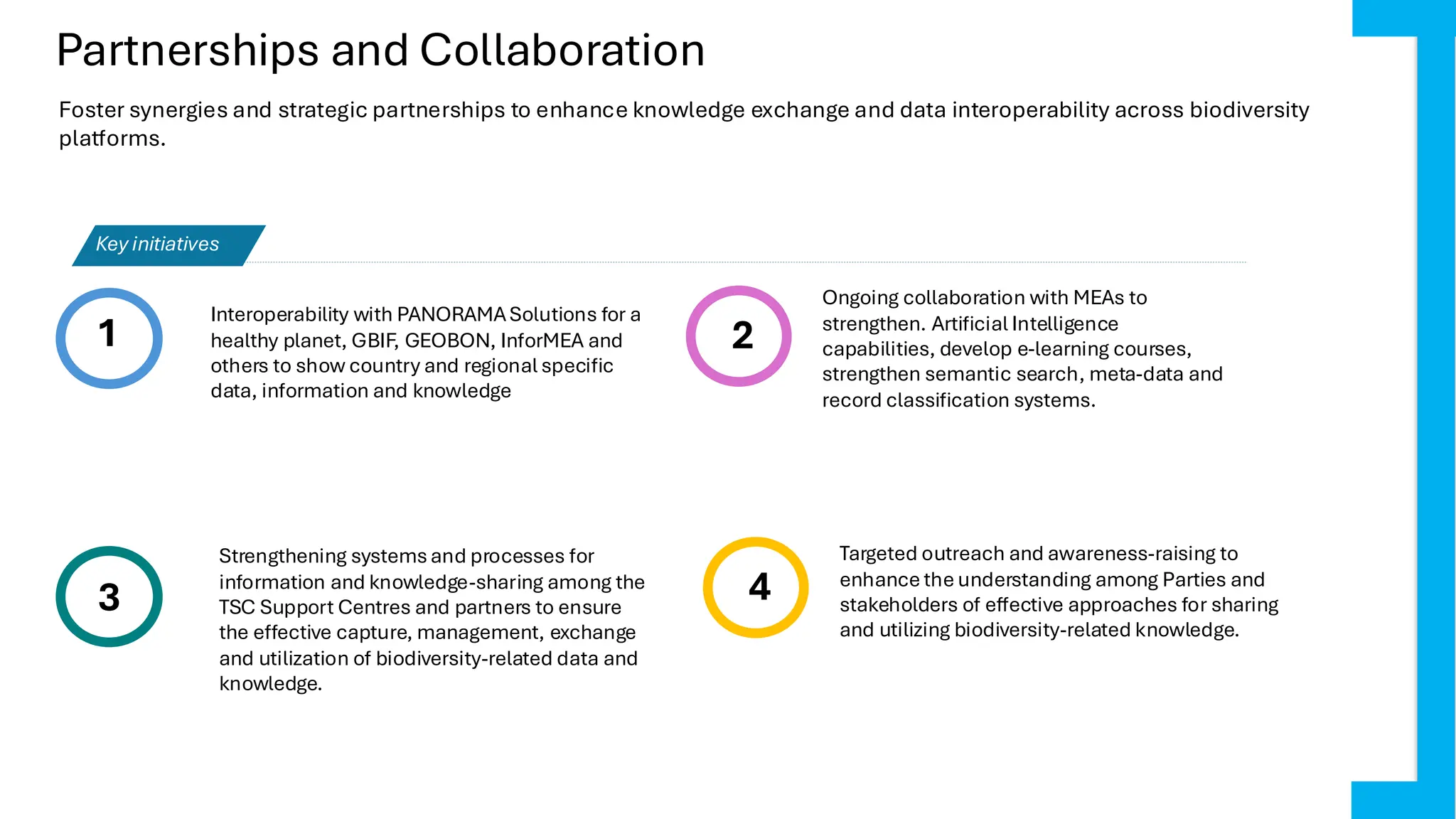 Partnerships and Collaboration
1 2
Ongoing collaboration with MEAs to
strengthen. Artificial Intelligence
capabilities, develop e-learning courses,
strengthen semantic search, meta-data and
record classification systems.
3
Key initiatives
Foster synergies and strategic partnerships to enhance knowledge exchange and data interoperability across biodiversity
platforms.
Interoperability with PANORAMASolutions for a
healthy planet, GBIF, GEOBON, InforMEA and
others to show country and regional specific
data, information and knowledge
Strengthening systemsand processes for
information and knowledge-sharing among the
TSC Support Centres and partners to ensure
the effective capture, management, exchange
and utilization of biodiversity-related data and
knowledge.
4
Targeted outreach and awareness-raising to
enhance the understanding among Parties and
stakeholders of effective approaches for sharing
and utilizing biodiversity-related knowledge.
 