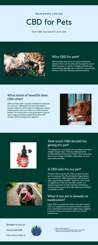 FROM SWEET LIFE CBD
CBD for Pets
How CBD can benefit your pet!
Why CBD for pets?
Like humans, pets have an endocannabinoid
system which can be activated through the use of
CBD. There are a variety of health benefits that
can be found through use of CBD for your pet that
interact with this endocannabinoid system!
What kinds of benefits does
CBD offer?
CBD can help with a myriad of different ailments
for your pet. CBD products may help relieve
anxiety, seizures, aid in pain management, reduce
inflammation and may improve cardiovascular
health. Pet owners have even given great reports
upon usage including helping their pets with
nausea and increasing their appetite.
How much CBD should I be
giving my pet?
The dosage for your particular pet depends on size,
weight and pet type. Different CBD products
contain different amounts of CBD. This means that
the correct dosage will differ depending on your
pets needs and size.
Is CBD safe for my pet?
Products that contain 0% THC are safe for your
pet to consume. The World Health Organization
has stated that “CBD is generally well tolerated
with a good safety profile”. However, due to lack
of regulation in the current CBD market, it is
always important to look at product labeling to
ensure products have been lab tested and certified
to contain no THC.
What if my pet is already on
medication?
While CBD can positively affect your pet’s health,
with any supplement it is always safest to consult
your veterinarian first before beginning a regimen
to ensure it does not interact with any current
medications.
Brought to you by
Sweet Life CBD
Life is Sweet. Enjoy It.
https://getsweetlife.com
https://www.who.int/medicines/access/controlled-
substances/WHOCBDReportMay2018-2.pdf
 