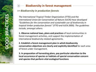 Biodiversity in forest management
GOOD
PRACTICES
The International Tropical Timber Organization (ITTO) and the
International Union for Conservation of Nature (IUCN) have developed
“Guidelines for the conservation and sustainable use of biodiversity in
tropical timber production forests” (ITTO and IUCN 2009). The guidelines
include, amongst others:
1. Observe national laws, plans and practices of local communities in
forest management activities, and support the implementation of
international biodiversity related agreements.
2. Establish a forest management plan in which biodiversity
conservation objectives are clearly and explicitly identified for each area
of forest under management.
3. In preparation of harvesting plans, pay particular attention to the
local occurrence of species or habitats of special conservation concern
and species that perform vital ecological functions
>> Biodiversity in production forests
 