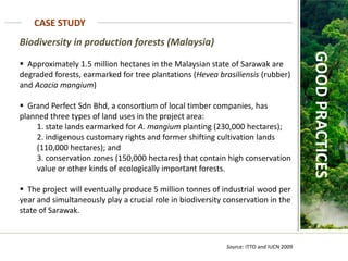 CASE STUDY
GOOD
PRACTICES
Biodiversity in production forests (Malaysia)
 Approximately 1.5 million hectares in the Malaysian state of Sarawak are
degraded forests, earmarked for tree plantations (Hevea brasiliensis (rubber)
and Acacia mangium)
 Grand Perfect Sdn Bhd, a consortium of local timber companies, has
planned three types of land uses in the project area:
1. state lands earmarked for A. mangium planting (230,000 hectares);
2. indigenous customary rights and former shifting cultivation lands
(110,000 hectares); and
3. conservation zones (150,000 hectares) that contain high conservation
value or other kinds of ecologically important forests.
 The project will eventually produce 5 million tonnes of industrial wood per
year and simultaneously play a crucial role in biodiversity conservation in the
state of Sarawak.
Source: ITTO and IUCN 2009
 