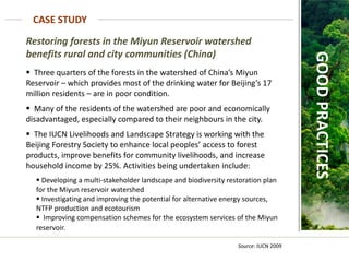 Restoring forests in the Miyun Reservoir watershed
benefits rural and city communities (China)
 Three quarters of the forests in the watershed of China’s Miyun
Reservoir – which provides most of the drinking water for Beijing’s 17
million residents – are in poor condition.
 Many of the residents of the watershed are poor and economically
disadvantaged, especially compared to their neighbours in the city.
 The IUCN Livelihoods and Landscape Strategy is working with the
Beijing Forestry Society to enhance local peoples’ access to forest
products, improve benefits for community livelihoods, and increase
household income by 25%. Activities being undertaken include:
 Developing a multi-stakeholder landscape and biodiversity restoration plan
for the Miyun reservoir watershed
 Investigating and improving the potential for alternative energy sources,
NTFP production and ecotourism
 Improving compensation schemes for the ecosystem services of the Miyun
reservoir.
CASE STUDY
Source: IUCN 2009
GOOD
PRACTICES
 
