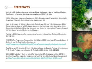 REFERENCES
Joshi, L. 2009. Biodiversity conservation and local livelihoods – case of Traditional Rubber
Agroforestry in Sumatra. World Agroforestry Centre (ICRAF), SE Asia.
(MEA) Millennium Ecosystem Assessment. 2005. Ecosystems and Human Well-Being: Policy
Responses. Volume 3, Ch. 8. Island Press, Washington, DC.
Nasi, R., D. Brown, D. Wilkie, E. Bennett, C. Tutin, G. van Tol, and T. Christophersen. 2008.
Conservation and use of wildlife-based resources: the bushmeat crisis. Secretariat of the
Convention on Biological Diversity, Montreal, and Center for International Forestry Research
(CIFOR), Bogor. Technical Series no.33, 50 pages.
Pagiola, S. 2008. Payments for environmental services in Costa Rica. Ecological Economics:
65: 712-724.
(PROFOR) The Program on Forests at the World Bank. 2008. Poverty and Forests Linkages: A
Synthesis and Six Case Studies. Accessed at:
http://www.profor.info/pdf/livelihoods/PovertyForestsLinkagesCaseStudiesSynthesis.pdf.
Ruiz-Pérez, M., M. Almeida, S. Dewi, E.M. Lozano Costa, M. Ciavatta Pantoja, A. Puntodewo,
A. de Arruda Postigo, and A. Goulart de Andrade. 2005. Ambio. 34(3): 218-223.
SCBD. 2008. Subsidiary Body on Scientific, Technical and Technological Advice (13/3). In-
depth review of the expanded programme of work for forest biological diversity. Accessed
at: http://www.cbd.int/doc/meetings/sbstta/sbstta-13/official/sbstta-13-03-en.pdf.
 