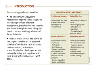 i
Ecosystem goods and services
 The Millennium Ecosystem
Assessment reports that a large and
increasing number of forest
ecosystems, populations and species
are threatened globally or being lost
due to the loss and degradation of
forest habitats.
 Tropical moist forests are home to
the largest number of threatened
species of any biome. It is assumed
that numerous, but not yet
scientifically described, species are
presently being lost together with
their tropical forest habitats (MEA
2005).
INTRODUCTION
MEA
(2005)
ECOSYSTEM GOODS AND SERVICES
Provisioning Services
▪ Food, Fiber and Fuel
▪ Genetic Resources
▪ Biochemicals
▪ Fresh Water
Cultural Services
▪ Spiritual and religious
values
▪ Knowledge system
▪ Education and
inspiration
▪ Recreation and
aesthetic value
Regulating Services
▪ Invasion resistance
▪ Herbivory
▪ Pollination
▪ Seed dispersal
▪ Climate regulation
▪ Pest regulation
▪ Disease regulation
▪ Natural hazard
protection
▪ Erosion regulation
▪ Water purification
Supporting Services
▪ Primary production
▪ Provision of habitat
▪ Nutrient cycling
▪ Soil formation and
retention
▪ Production of
atmospheric oxygen
▪ Water cycling
 