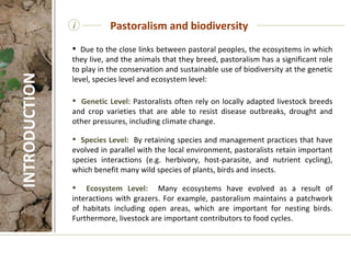 i Due to the close links between pastoral peoples, the ecosystems in which they live, and the animals that they breed, pastoralism has a significant role to play in the conservation and sustainable use of biodiversity at the genetic level, species level and ecosystem level: Genetic Level:  Pastoralists often rely on locally adapted livestock breeds and crop varieties that are able to resist disease outbreaks, drought and other pressures, including climate change. Species Level:  By retaining species and management practices that have evolved in parallel with the local environment, pastoralists retain important species interactions (e.g. herbivory, host-parasite, and nutrient cycling), which benefit many wild species of plants, birds and insects. Ecosystem Level:  Many ecosystems have evolved as a result of interactions with grazers. For example, pastoralism maintains a patchwork of habitats including open areas, which are important for nesting birds. Furthermore, livestock are important contributors to food cycles.  Pastoralism and biodiversity INTRODUCTION 